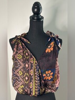 Free People! Multicolor Boho Tie Shoulder Balloon Hem Tank Top